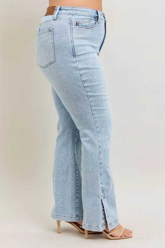 Judy Blue Full Size Tummy Control Vintage Wash Side Slit Slim Boot Jeans Plus Size - Rosa Apparel