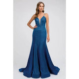 Juliet 207 Low V-neck Fitted Glitter Prom Dress - Rosa Apparel