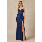 Juliet 282 Embroidered Bodice Fitted Skirt Slit With Ruched Waist Evening Dress - Rosa Apparel