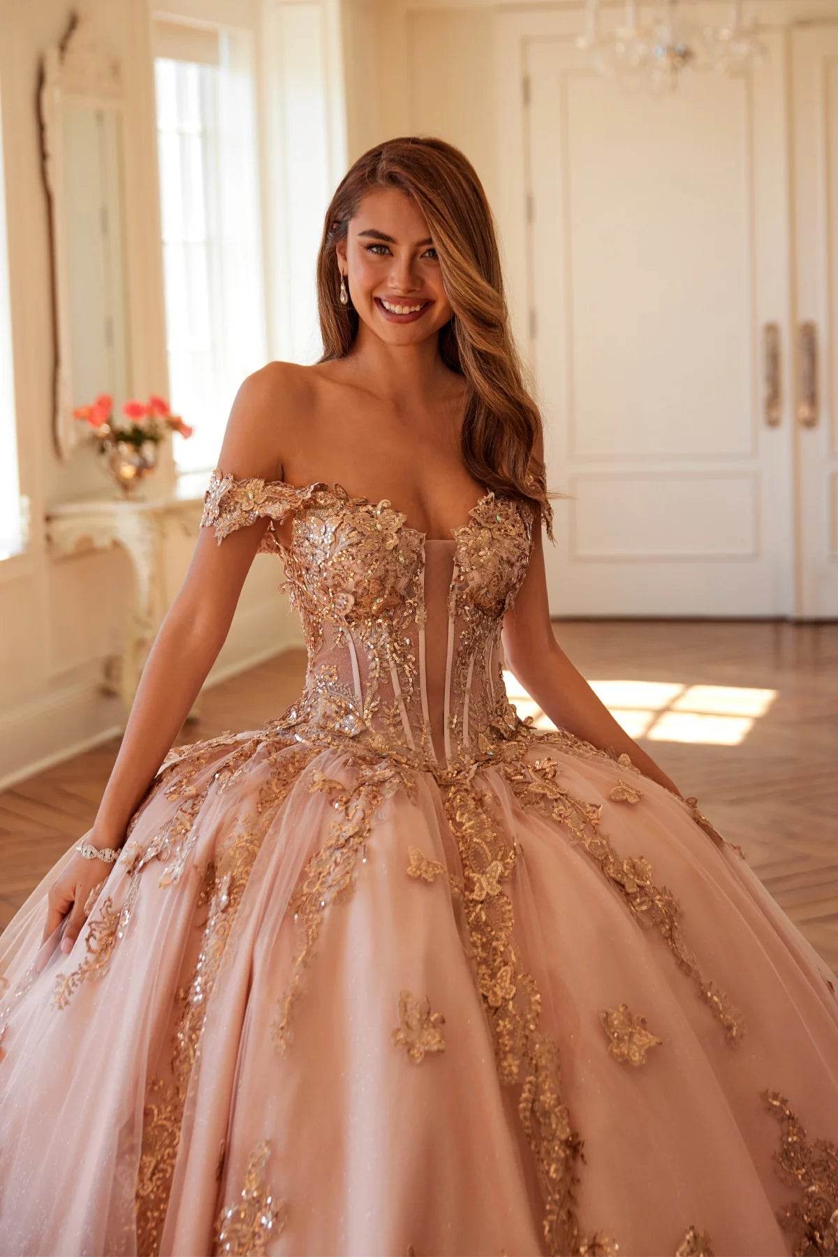 Juliet 3D Butterfly Off Shoulder Quinceañera Ball Gown JT1485J - Rosa Apparel