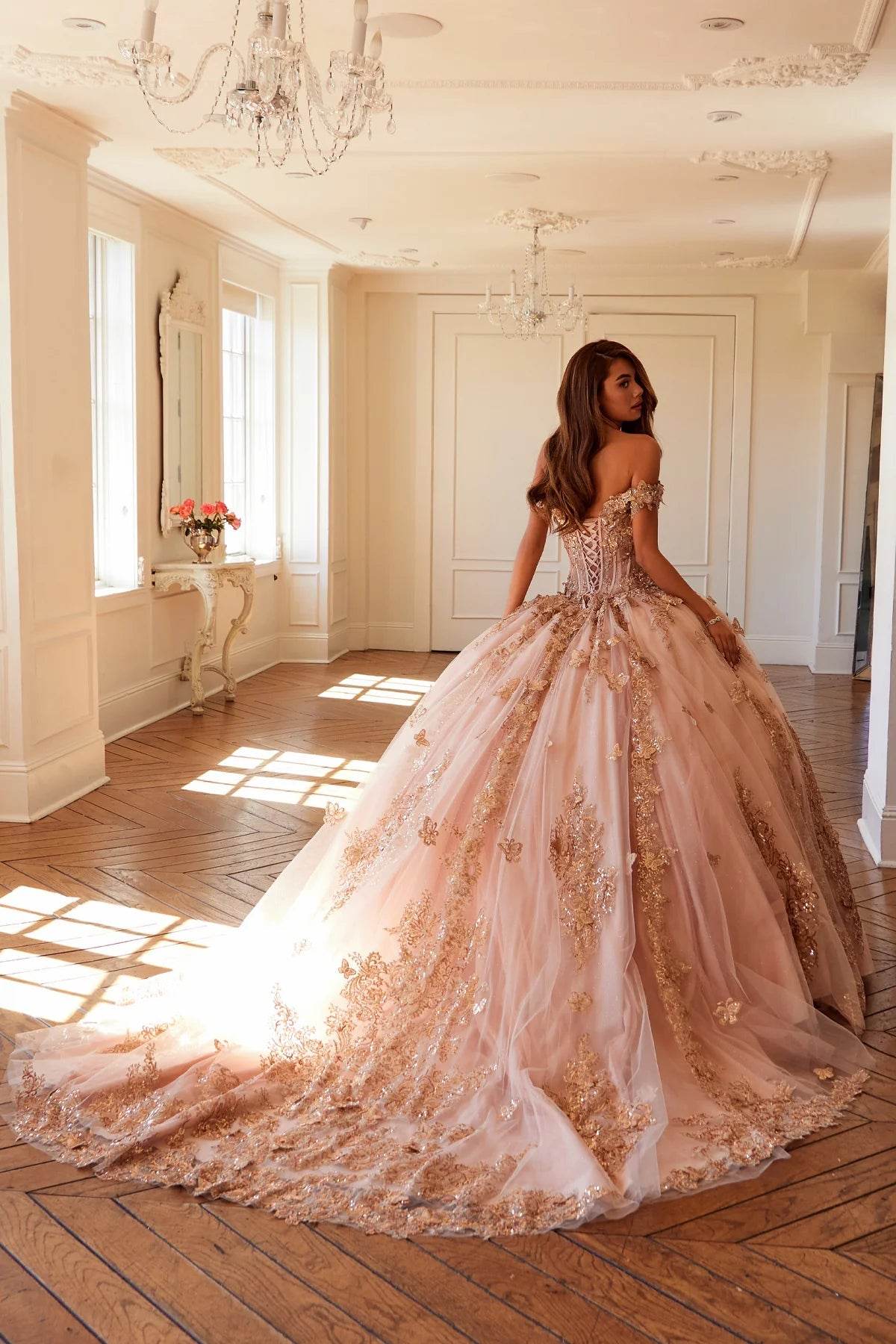 Juliet 3D Butterfly Off Shoulder Quinceañera Ball Gown JT1485J - Rosa Apparel