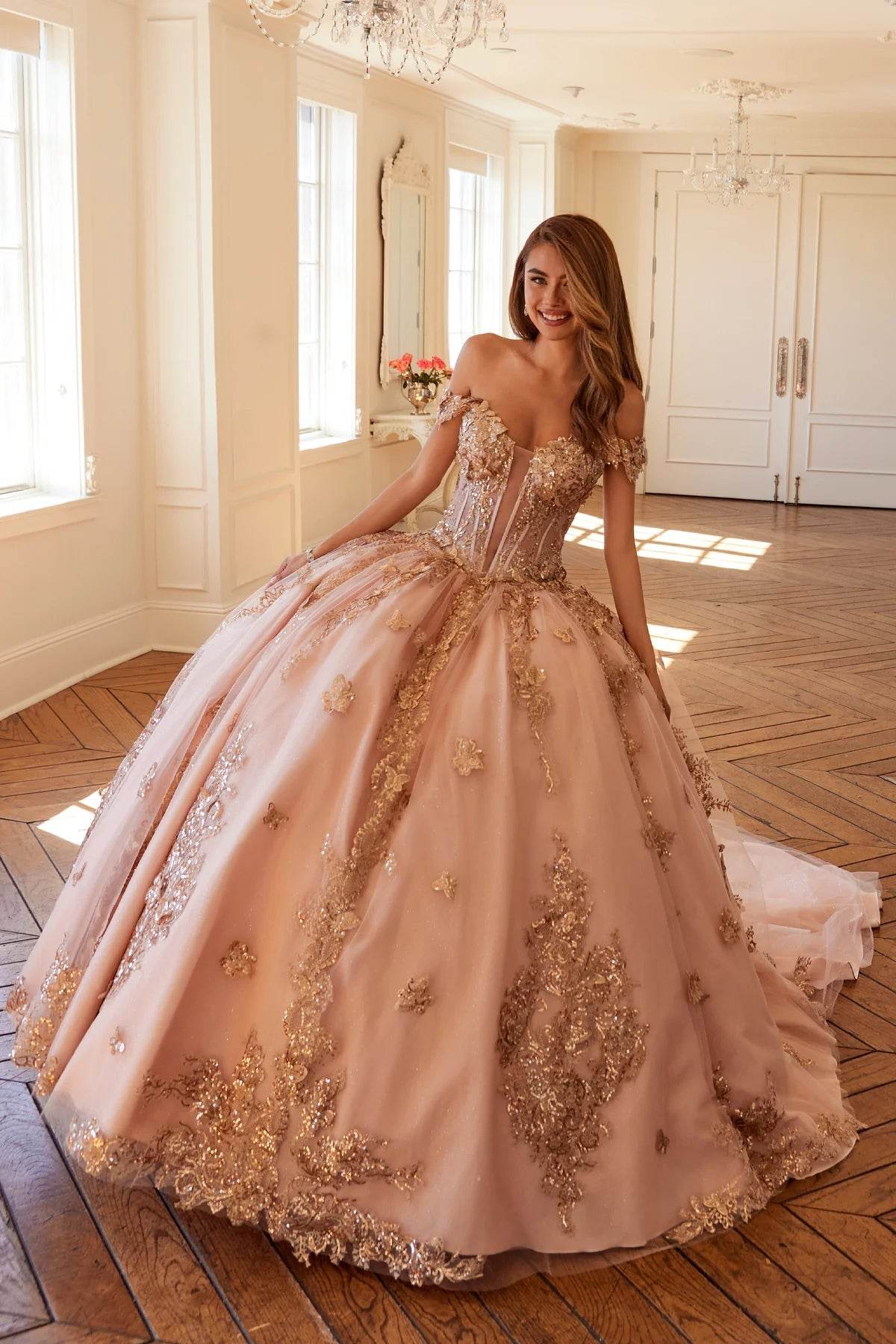 3D Butterfly Off Shoulder Ball Gown by Juliet JT1485J - Rose Gold / 16 3D Butterfly Off Shoulder Ball Gown by Juliet JT1485J - Rose Gold / 16