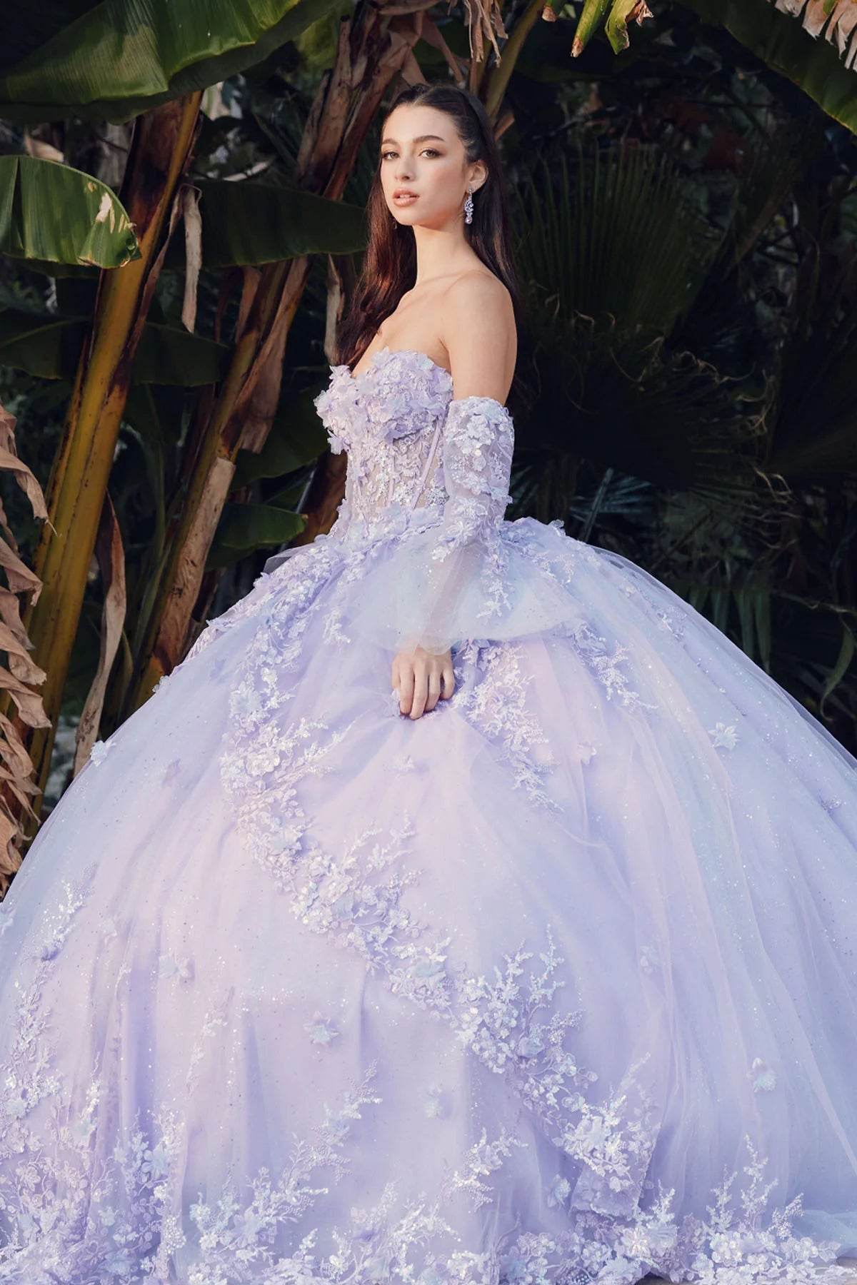 Juliet 3D Floral Strapless Bell Sleeve Quinceañera Ball Gown JT1459J - Rosa Apparel