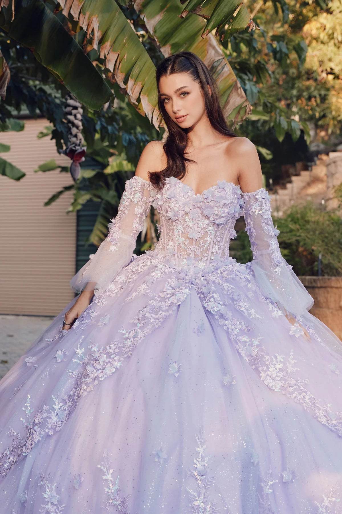 Juliet 3D Floral Strapless Bell Sleeve Quinceañera Ball Gown JT1459J - Rosa Apparel