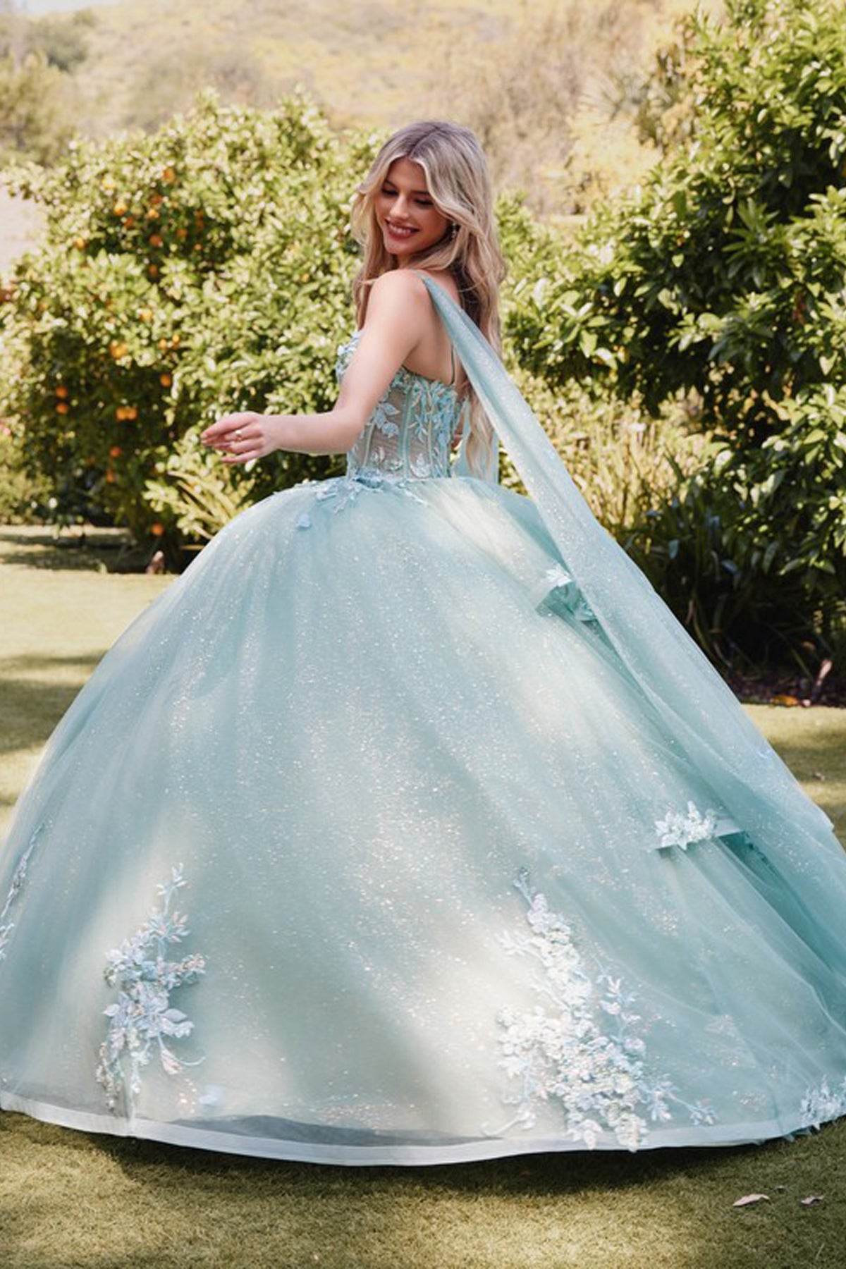 Juliet 3D Multi Floral Applique and Cape Sleeve Quinceañera Dress JT1466H - Rosa Apparel