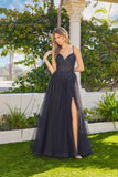 Juliet A-Line Gown with Embellished Bodice, Tulle Skirt, and Front Slit JT2632L Black