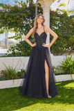 Juliet A-Line Gown with Embellished Bodice, Tulle Skirt, and Front Slit JT2632L Black