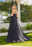 Juliet A-Line Gown with Embellished Bodice, Tulle Skirt, and Front Slit JT2632L Black
