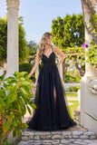 Juliet A-Line Gown with Embellished Bodice, Tulle Skirt, and Front Slit JT2632L Black