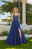 Juliet A-Line Gown with Embellished Bodice, Tulle Skirt, and Front Slit JT2632L Navy Blue