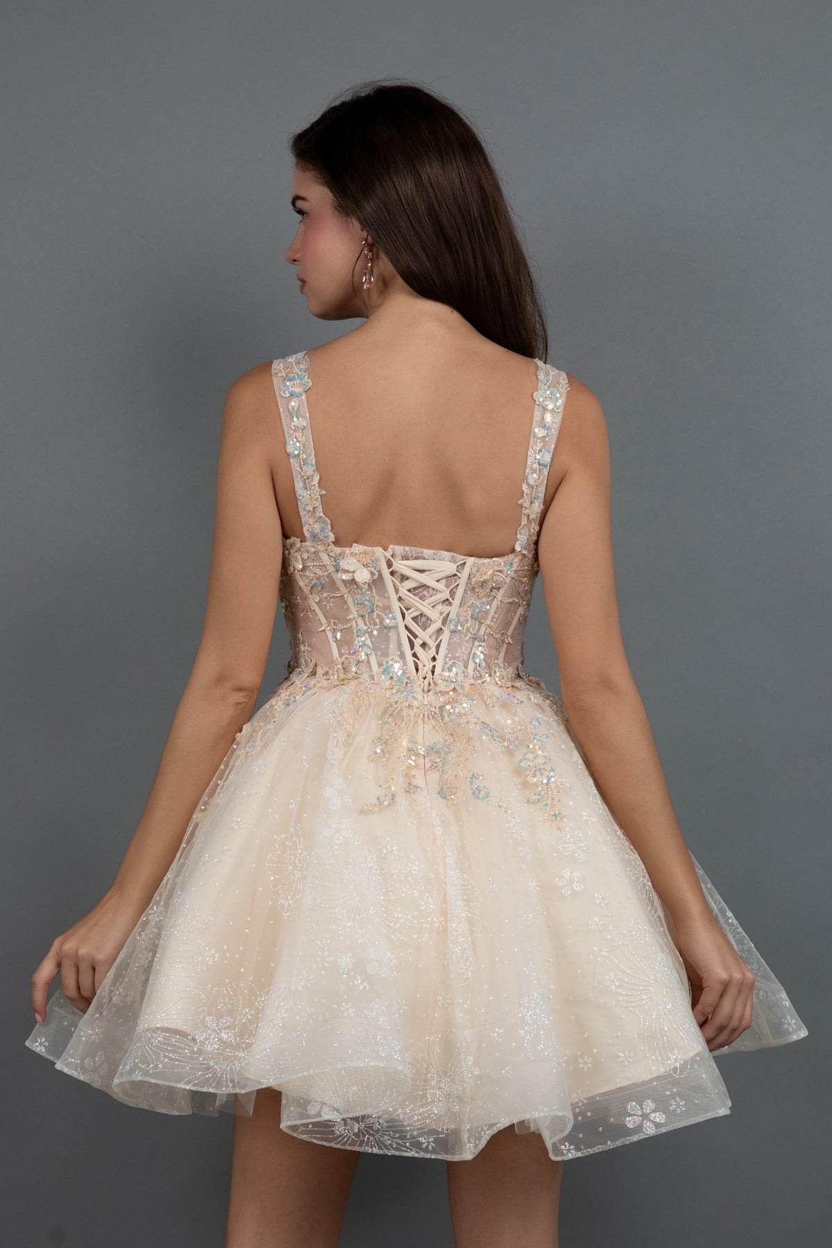 Glitter Floral Corset Tulle Short Dress 985L by Juliet 12 / Champagne Glitter Floral Corset Tulle Short Dress 985L by Juliet 12 / Champagne