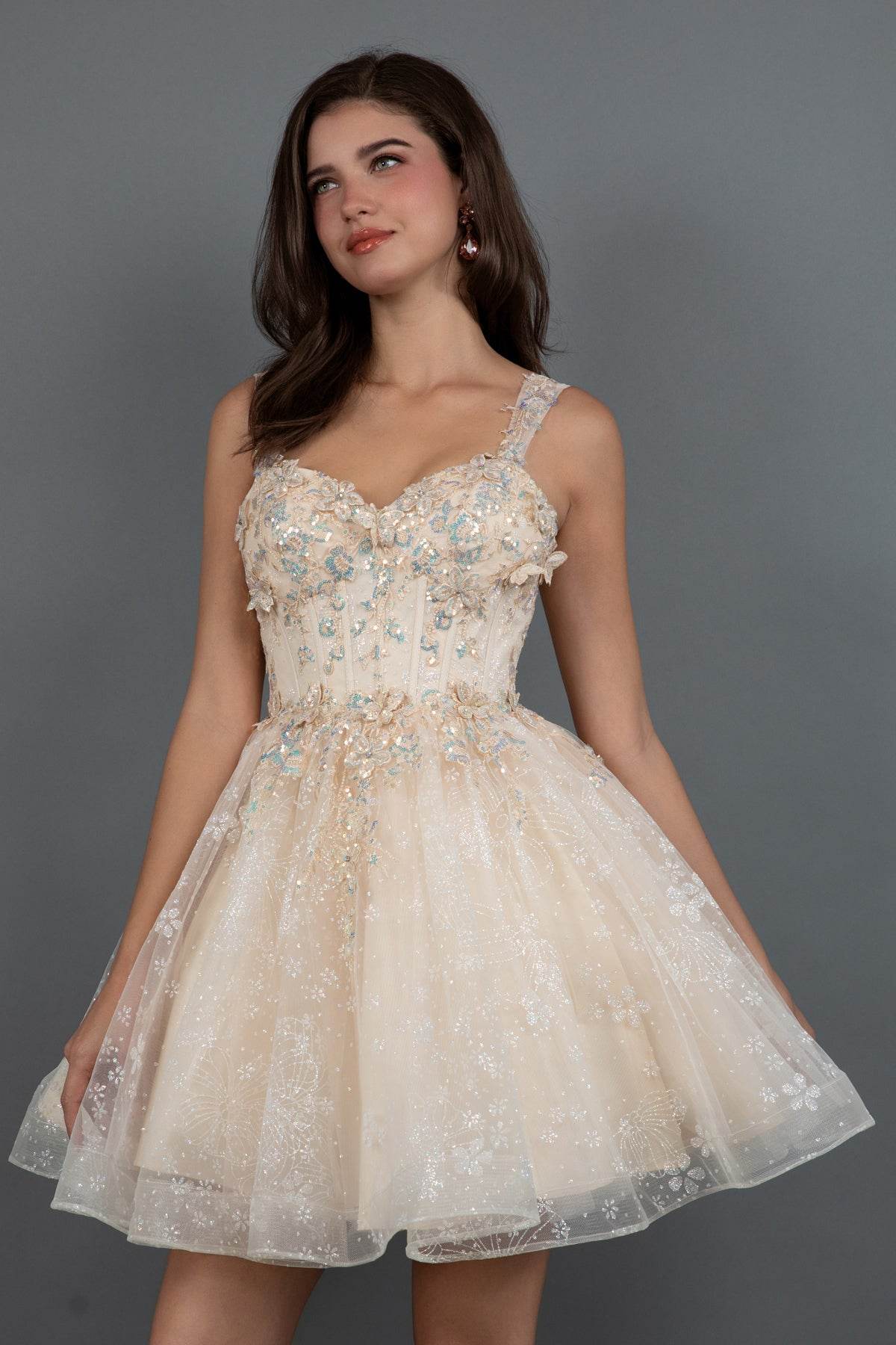 Glitter Floral Corset Tulle Short Dress 985L by Juliet 12 / Champagne Glitter Floral Corset Tulle Short Dress 985L by Juliet 12 / Champagne