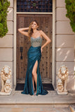Juliet Corset Hot Stone Satin Gown with Side Slit JT2671S Green