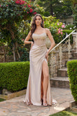 Juliet Corset Hot Stone Satin Gown with Side Slit JT2671S Champagne