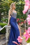 Juliet Corset Hot Stone Satin Gown with Side Slit JT2671S Blue