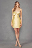 Juliet Cute Strapless Satin Homecoming Cocktail Dress with Stones and Oversized Bow JT960A - Rosa Apparel