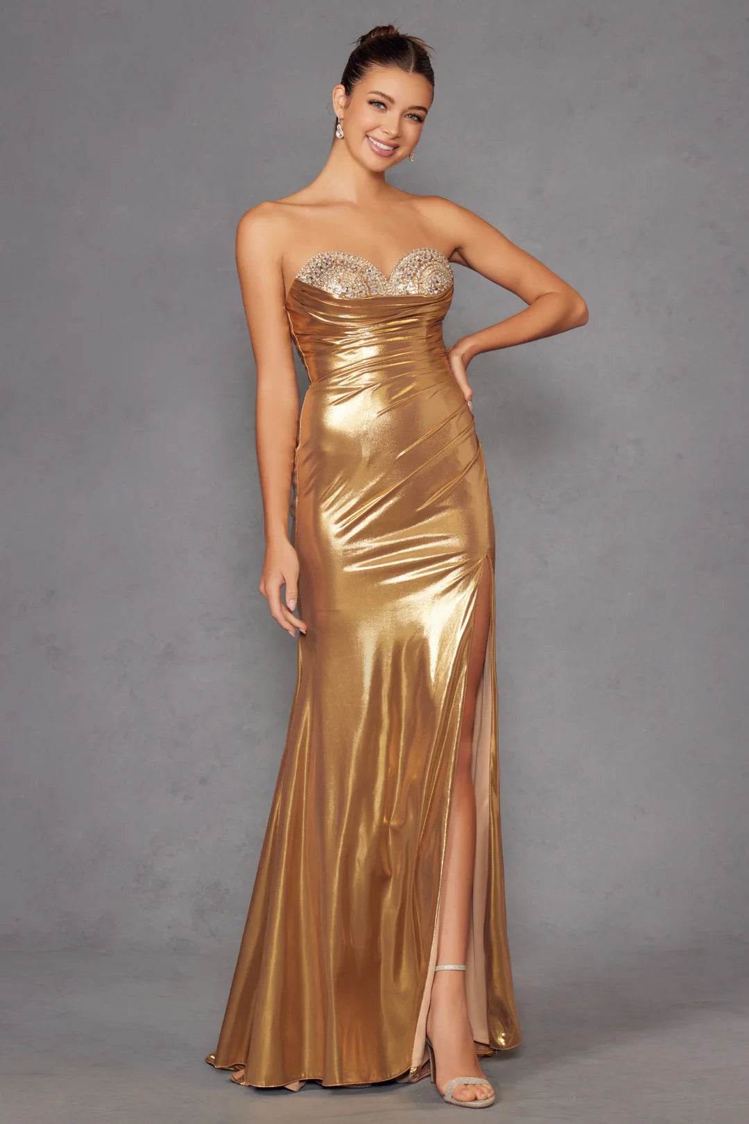 Juliet Elegant Beaded Metallic Strapless Slit Evening Gown JT2501A Gold / 8 Juliet Elegant Beaded Metallic Strapless Slit Evening Gown JT2501A Gold / 8
