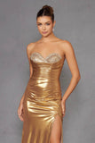 Juliet Elegant Beaded Metallic Strapless Slit Evening Gown JT2501A - Rosa Apparel