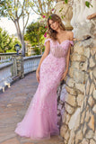 Juliet Embroidered Mesh Off-Shoulder Mermaid Gown with Lace-Up Back JT2612N Baby Pink