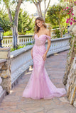 Juliet Embroidered Mesh Off-Shoulder Mermaid Gown with Lace-Up Back JT2612N Baby Pink