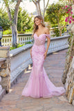 Juliet Embroidered Mesh Off-Shoulder Mermaid Gown with Lace-Up Back JT2612N Baby Pink