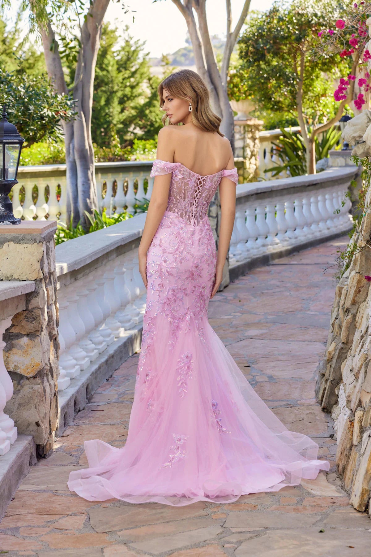 Juliet Embroidered Mesh Off-Shoulder Mermaid Gown with Lace-Up Back JT2612N Baby Pink