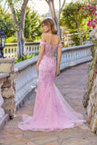 Juliet Embroidered Mesh Off-Shoulder Mermaid Gown with Lace-Up Back JT2612N Baby Pink