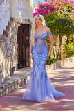 Juliet Embroidered Mesh Off-Shoulder Mermaid Gown with Lace-Up Back JT2612N Periwinkle