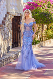 Juliet Embroidered Mesh Off-Shoulder Mermaid Gown with Lace-Up Back JT2612N Periwinkle