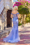Juliet Embroidered Mesh Off-Shoulder Mermaid Gown with Lace-Up Back JT2612N Periwinkle