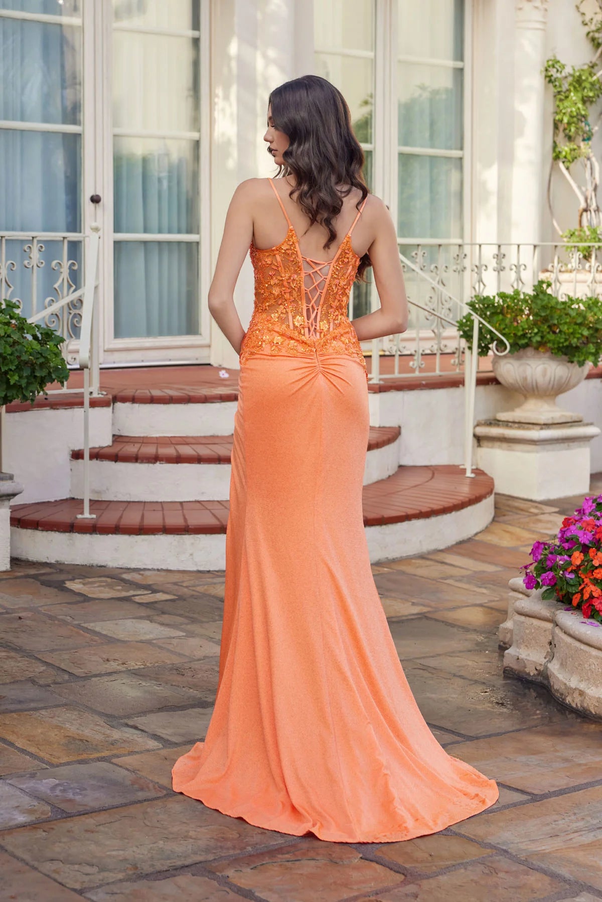 Juliet Embroidered Sheer Corset Gown with Side Slit and Lace-Up Back JT2613N Orange