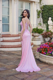 Juliet Embroidered Sheer Corset Gown with Side Slit and Lace-Up Back JT2613N Baby Pink