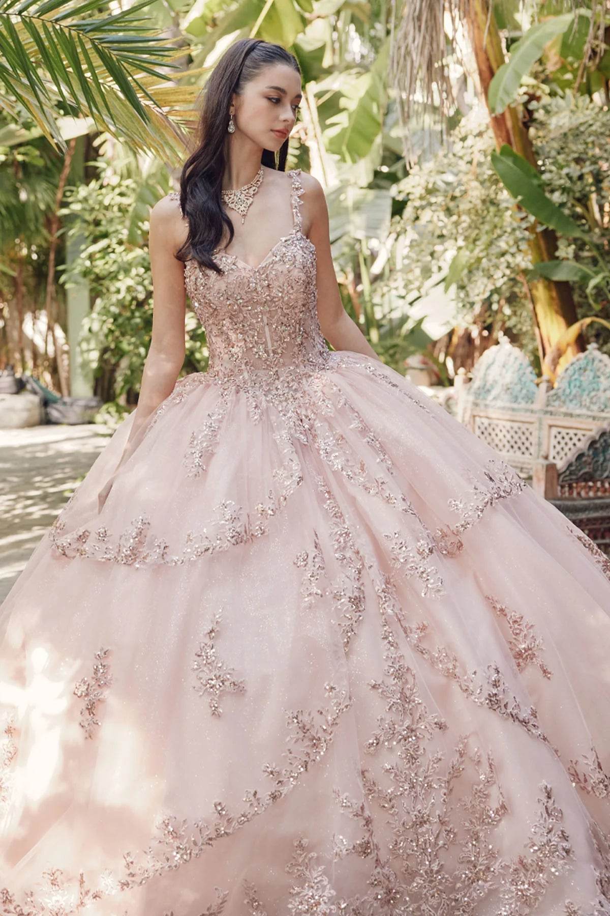 Juliet Embroidered Sleeveless Corset Quinceañera Ball Gown JT1450J - Rosa Apparel