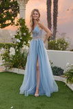 Juliet Floral Appliqué Corset Gown with Tulle A-Line Skirt and Slit JT2638G Dusty Blue