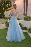 Juliet Floral Appliqué Corset Gown with Tulle A-Line Skirt and Slit JT2638G Dusty Blue