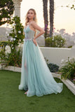 Juliet Floral Appliqué Corset Gown with Tulle A-Line Skirt and Slit JT2638G Sage Green