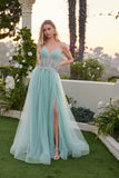 Juliet Floral Appliqué Corset Gown with Tulle A-Line Skirt and Slit JT2638G Sage Green