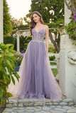 Juliet Floral Appliqué Corset Gown with Tulle A-Line Skirt and Slit JT2638G Grey Purple