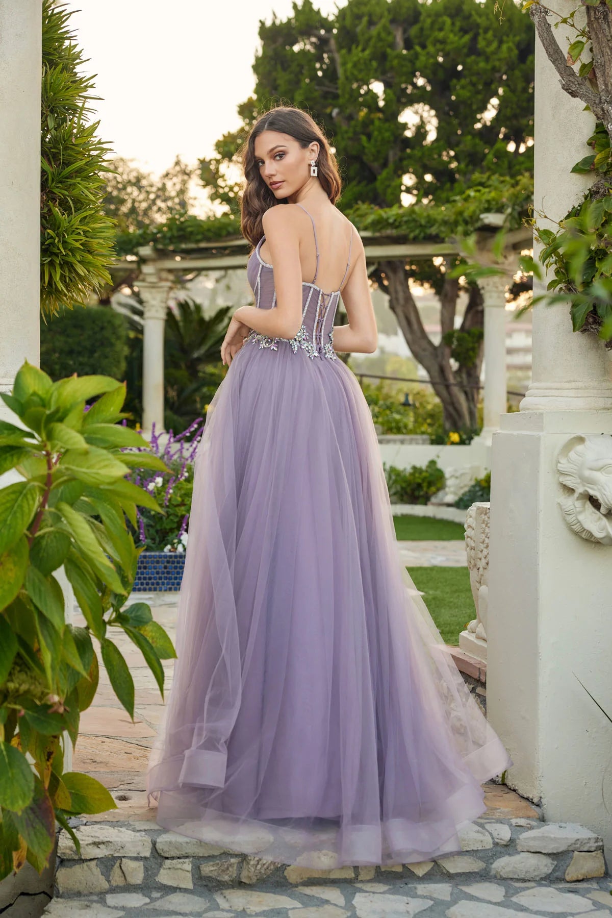 Juliet Floral Appliqué Corset Gown with Tulle A-Line Skirt and Slit JT2638G Grey Purple