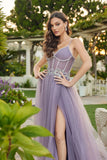 Juliet Floral Appliqué Corset Gown with Tulle A-Line Skirt and Slit JT2638G Grey Purple