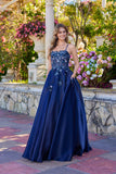 Juliet Floral Embellished Ball Gown with Sheer Fitted Corset Bodice JT2617U Navy Blue
