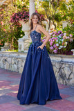 Juliet Floral Embellished Ball Gown with Sheer Fitted Corset Bodice JT2617U Navy Blue