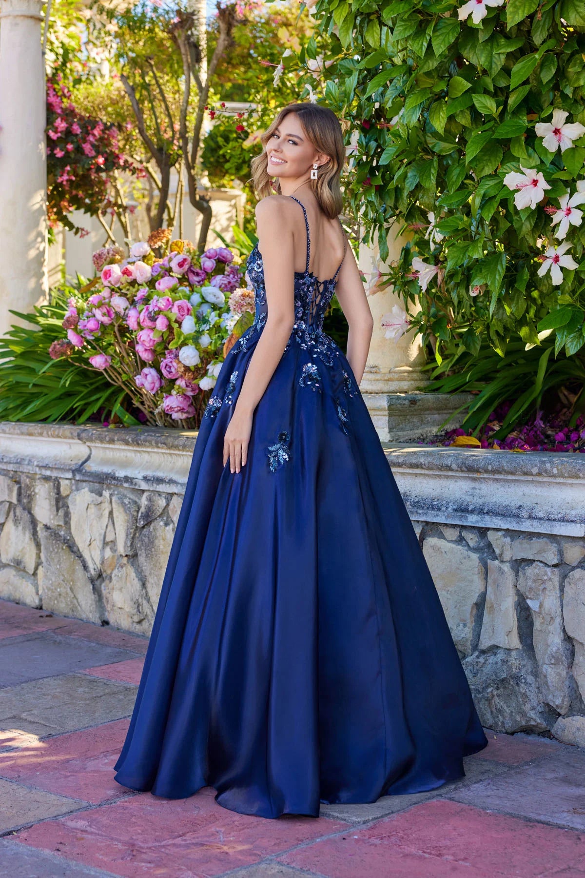 Juliet Floral Embellished Ball Gown with Sheer Fitted Corset Bodice JT2617U Navy Blue
