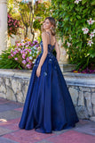 Juliet Floral Embellished Ball Gown with Sheer Fitted Corset Bodice JT2617U Navy Blue