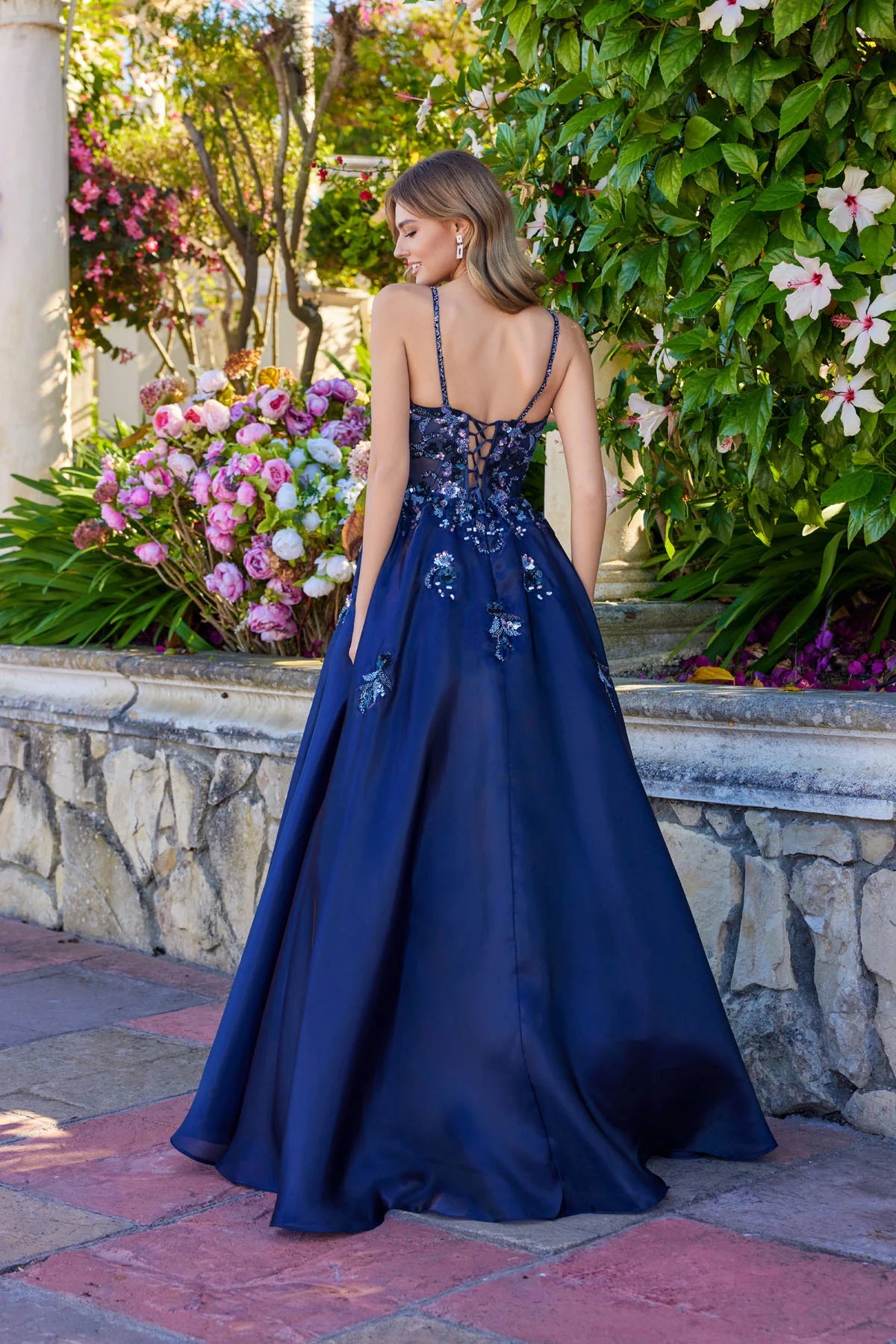 Juliet Floral Embellished Ball Gown with Sheer Fitted Corset Bodice JT2617U Navy Blue