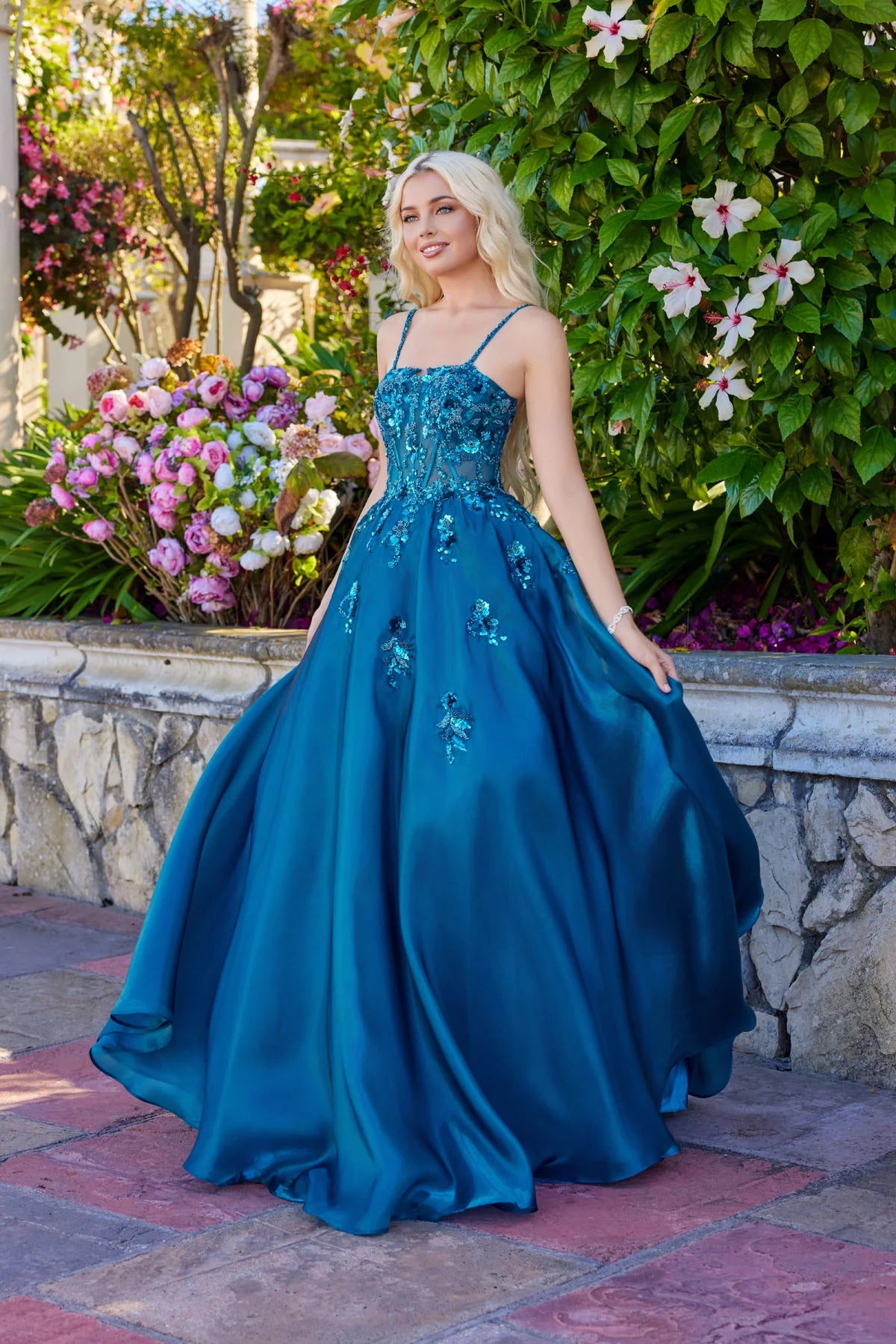 Juliet Floral Embellished Ball Gown with Sheer Fitted Corset Bodice JT2617U Teal