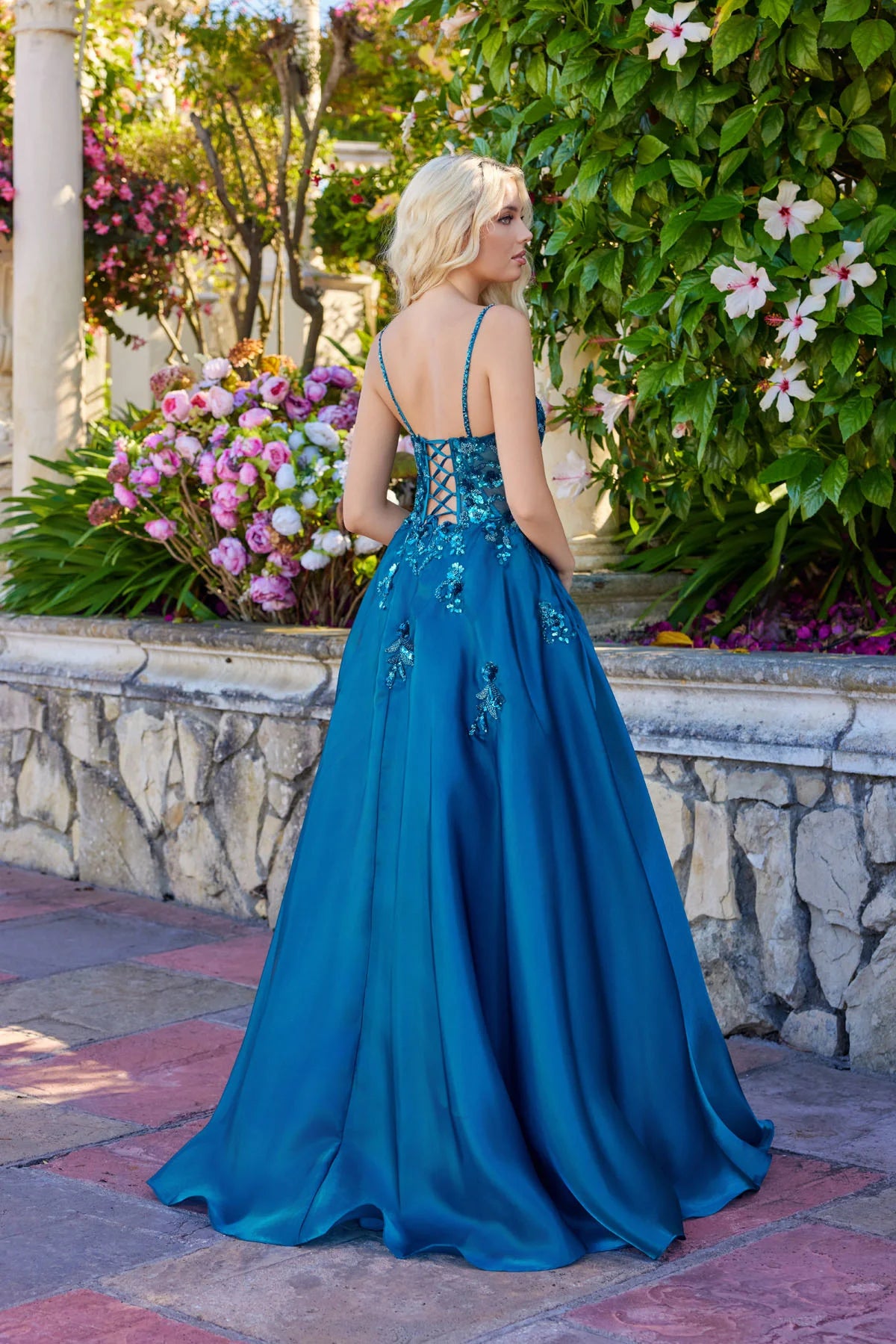 Juliet Floral Embellished Ball Gown with Sheer Fitted Corset Bodice JT2617U Teal