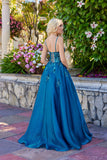 Juliet Floral Embellished Ball Gown with Sheer Fitted Corset Bodice JT2617U Teal