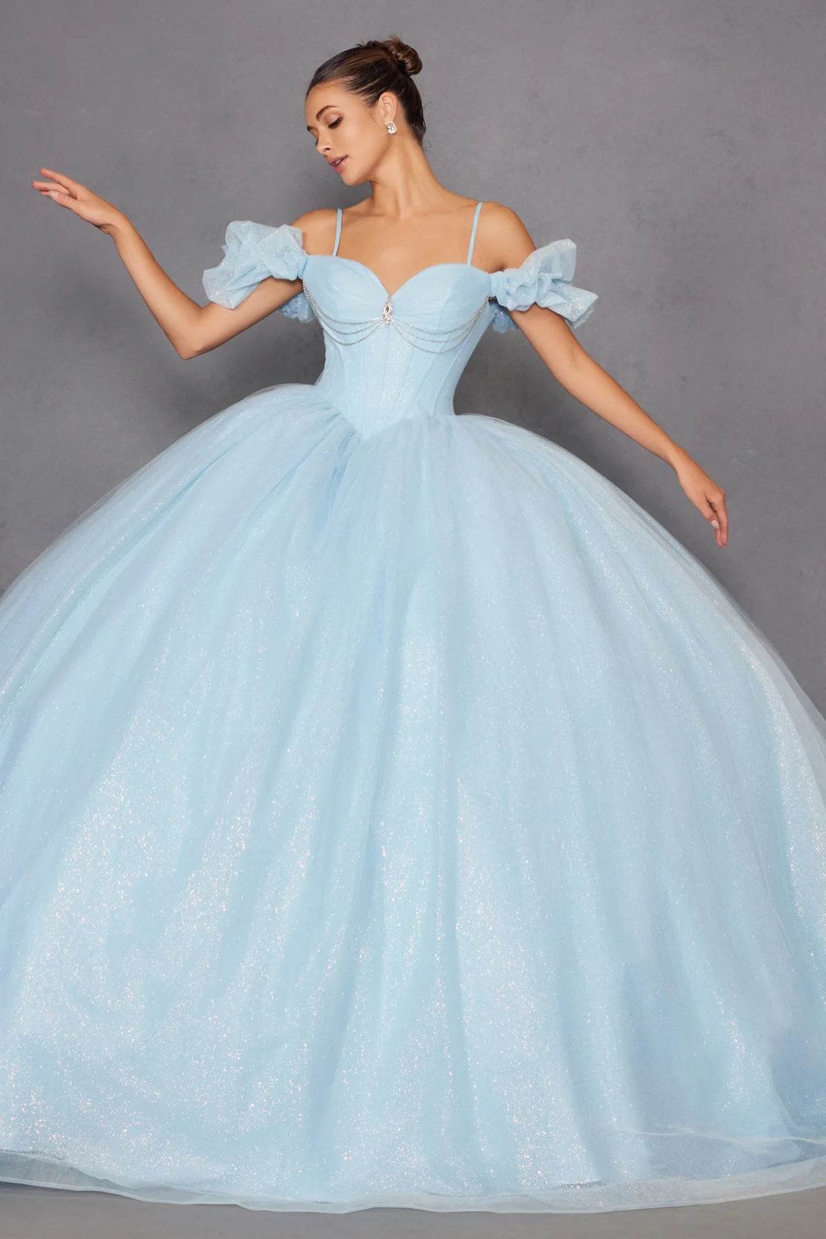 Juliet Glitter Tulle Off-Shoulder Quinceañera Ball Gown JT1487H - Rosa Apparel