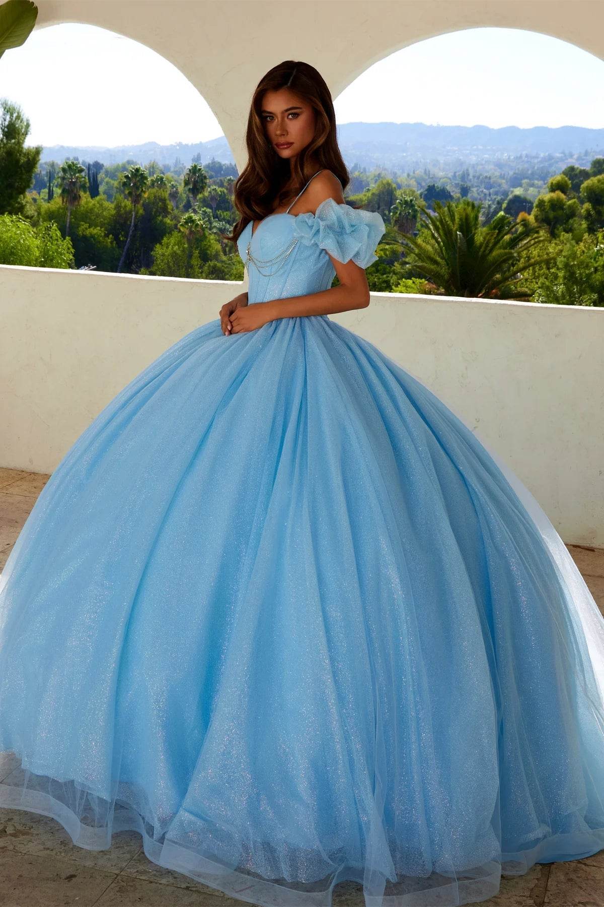 Juliet Glitter Tulle Off-Shoulder Quinceañera Ball Gown JT1487H - Rosa Apparel